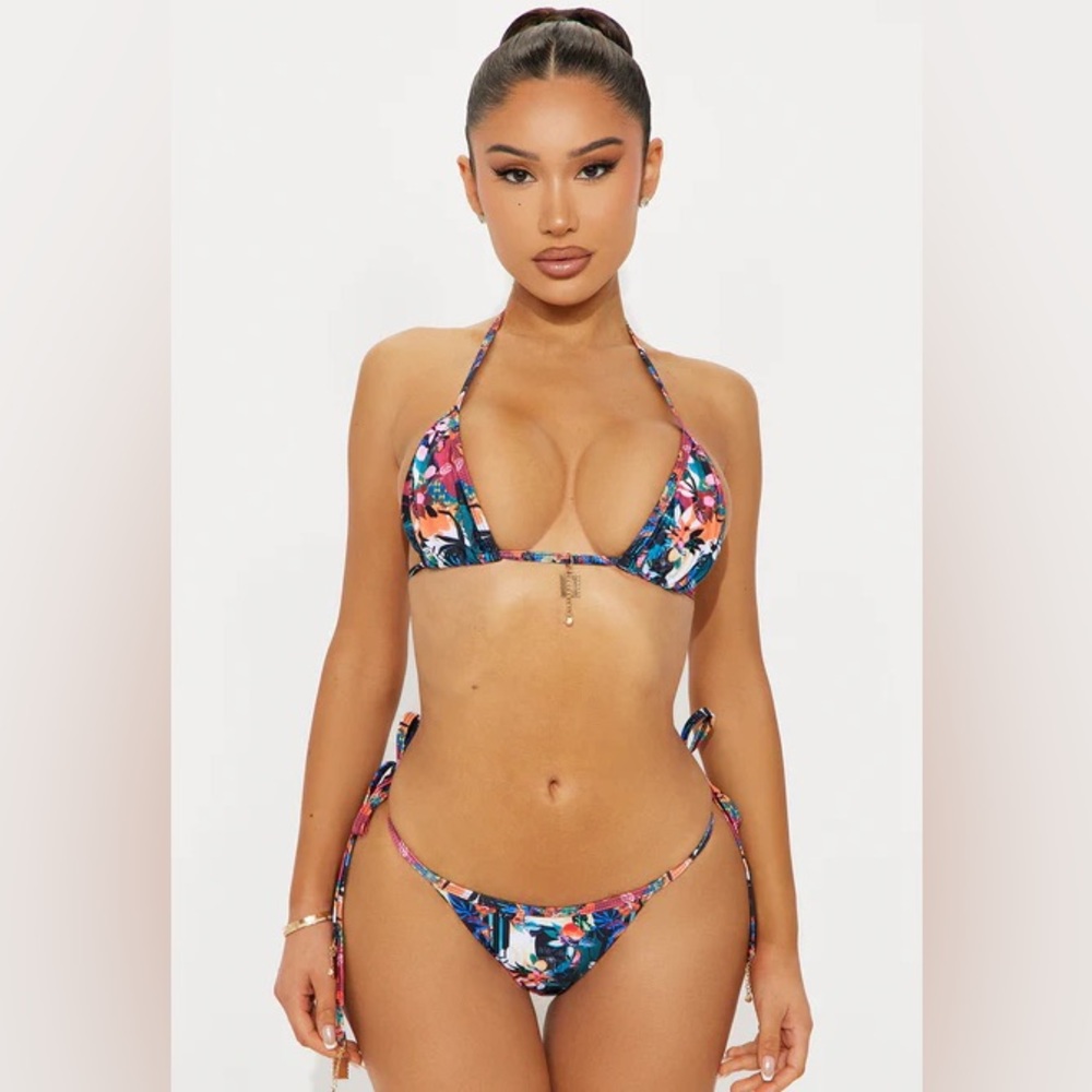 Fashion Nova Kailani Triangle Side Tie 2 Piece Bikini - Green/combo Size XS